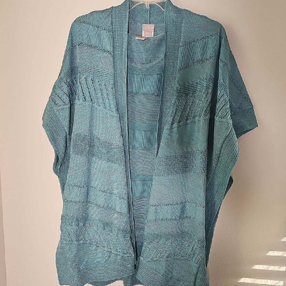 Two Pcs Chico's Blue Knit Cardigan Set. Tank Is Chicos 2 Over Sweater Is Meduim